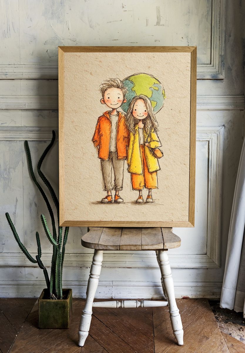 Couple with Earth — Illustration Print. room preview