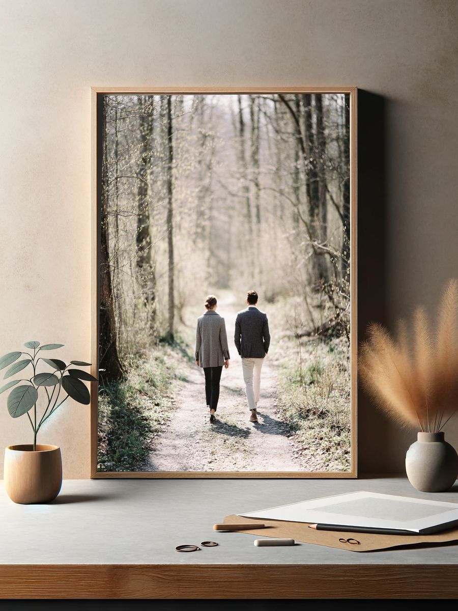 Couple Walking in Forest — Photography Print. — room view 2