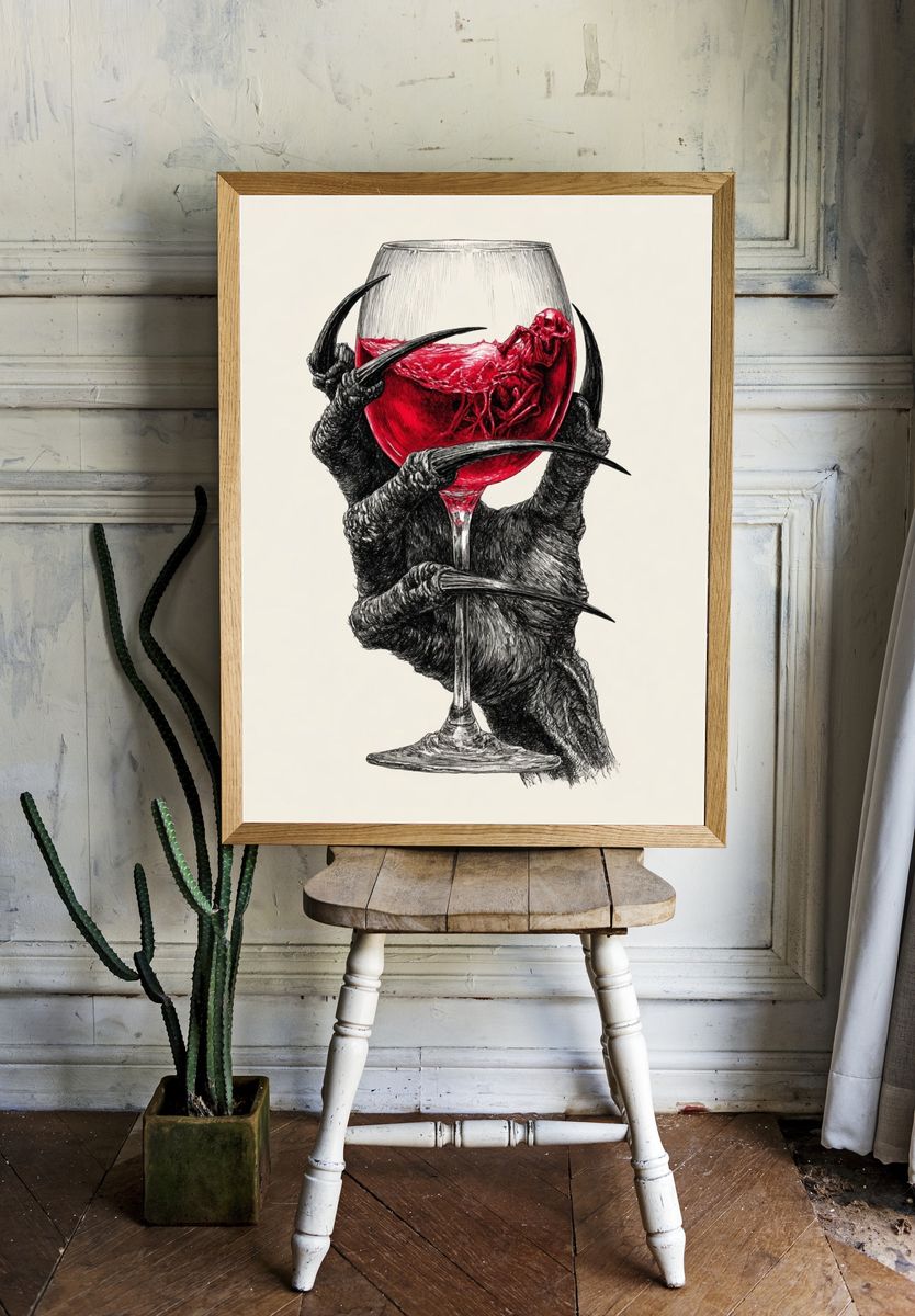 Creepy Hand Holding Wine Glass — Illustration Print. room preview