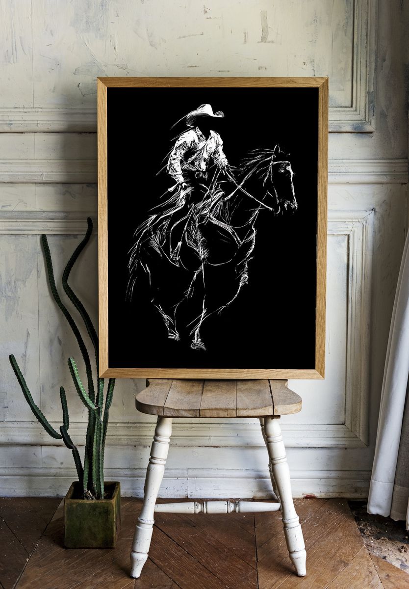 Cowboy on Horse Line Art Poster. room preview