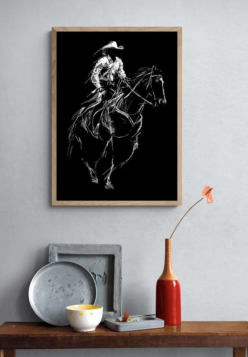 Cowboy on Horse Line Art Poster. — room view 3