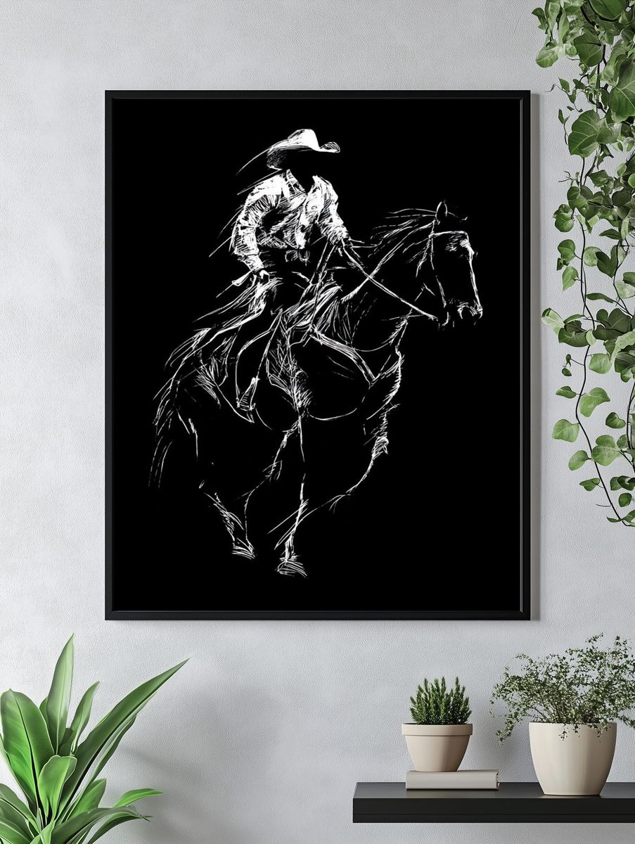 Cowboy on Horse Line Art Poster. — room view 4