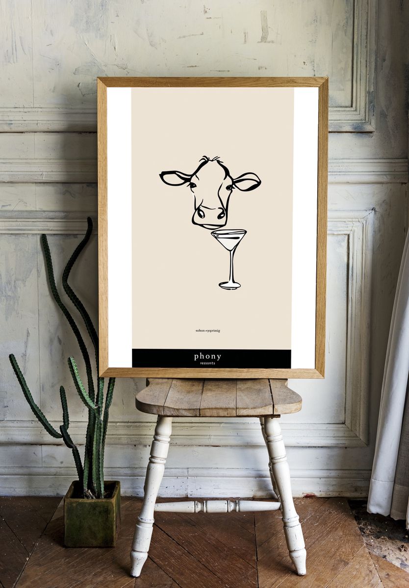 Cow with Martini — Illustration Print. room preview