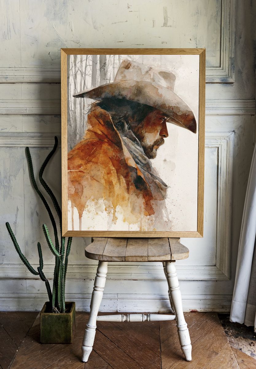 Cowboy Portrait Watercolor Print. — room view 1