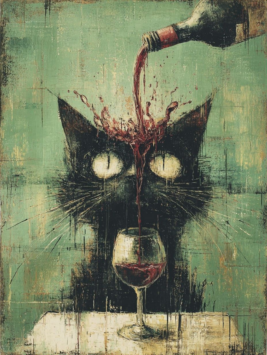 Whimsical Cat with Wine — Funny Print. poster detail