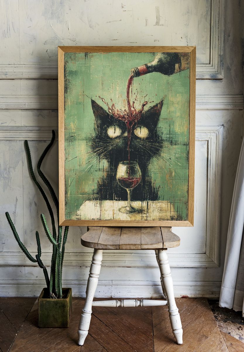Whimsical Cat with Wine — Funny Print. room preview