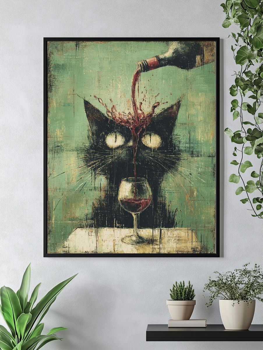 Whimsical Cat with Wine — Funny Print. — room view 4