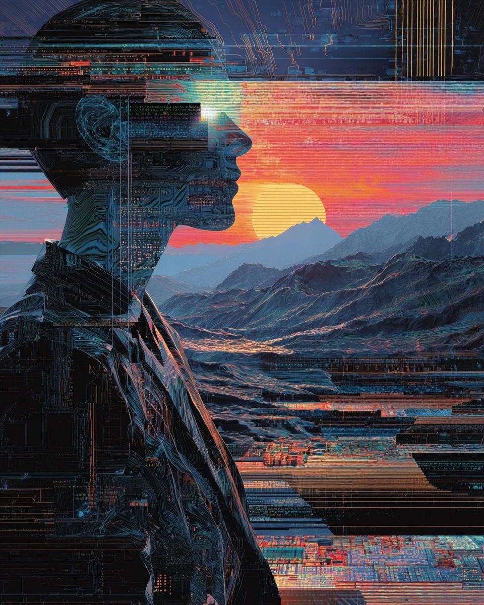 Cybernetic Sunset Portrait Print. poster detail