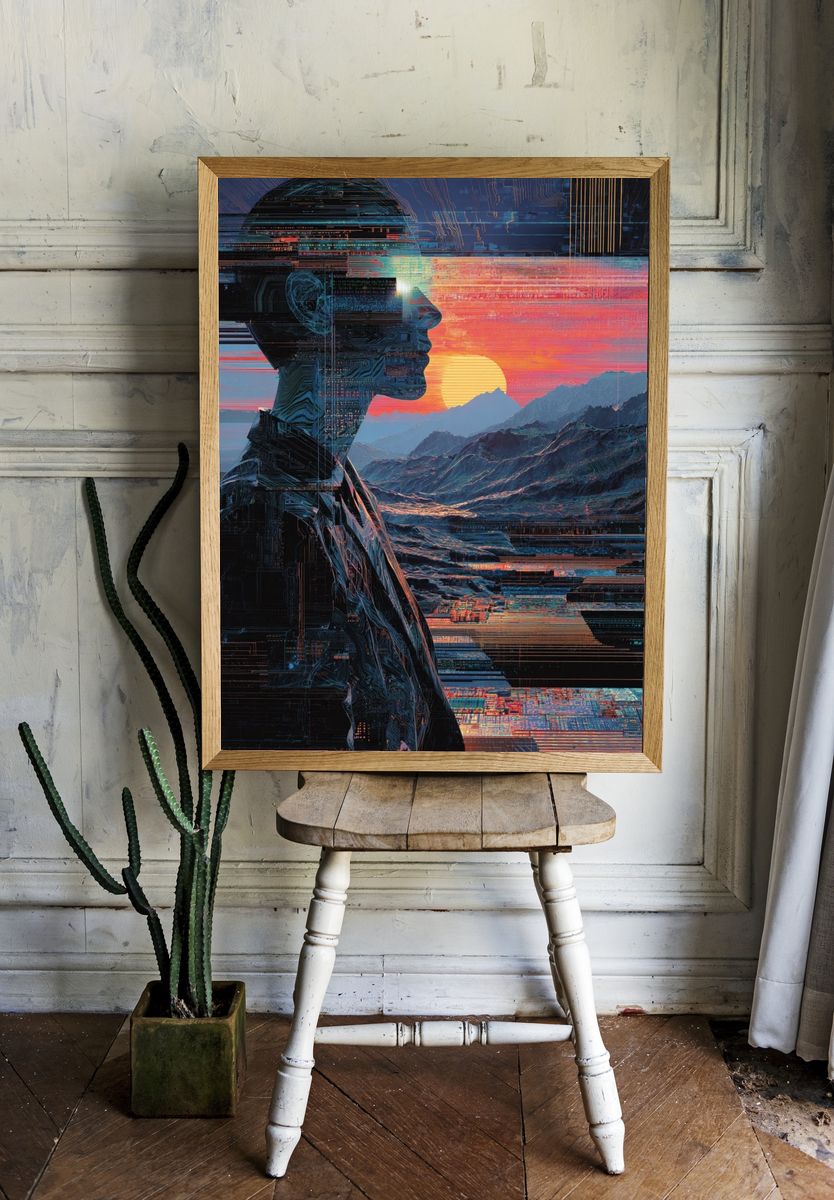 Cybernetic Sunset Portrait Print room preview