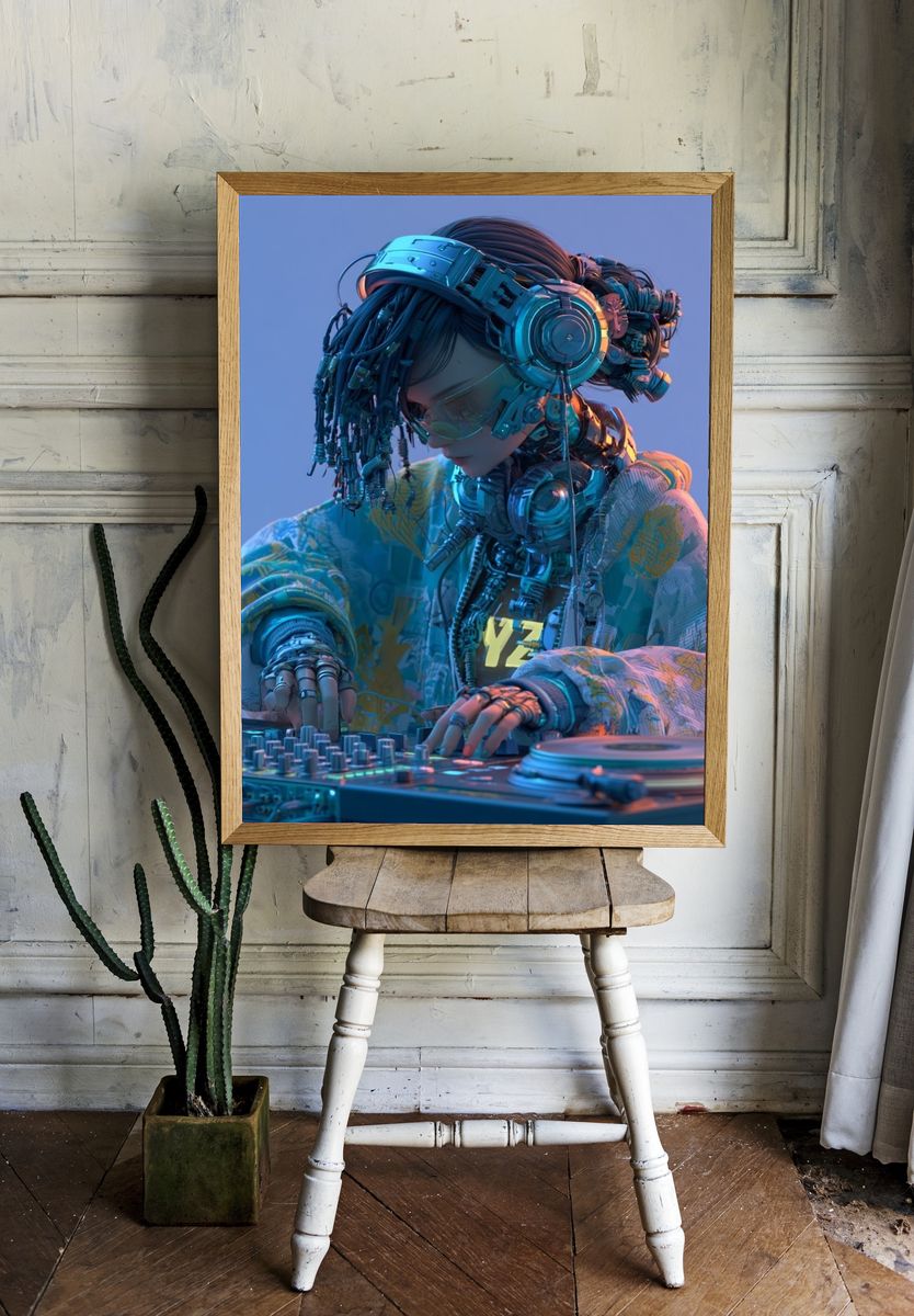 Cyberpunk DJ Portrait Print. room preview