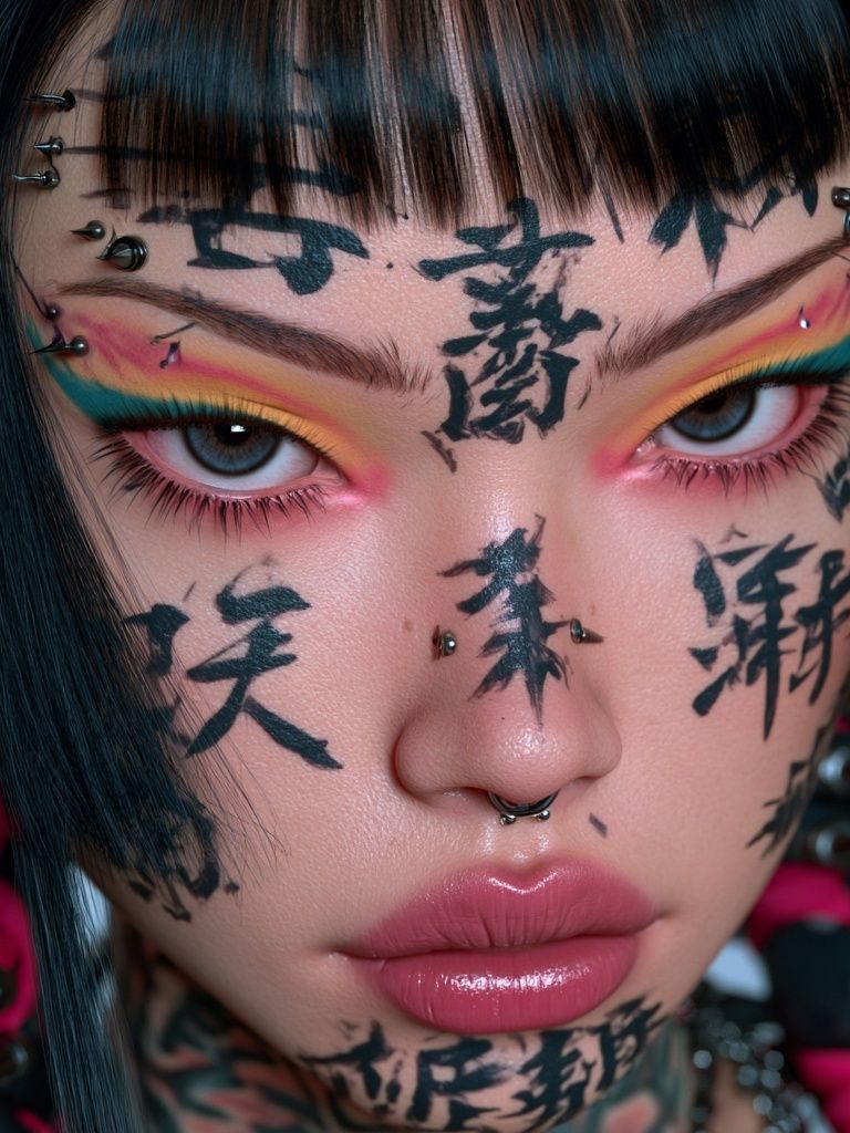 Cyberpunk Face Tattoo Portrait Print. poster detail