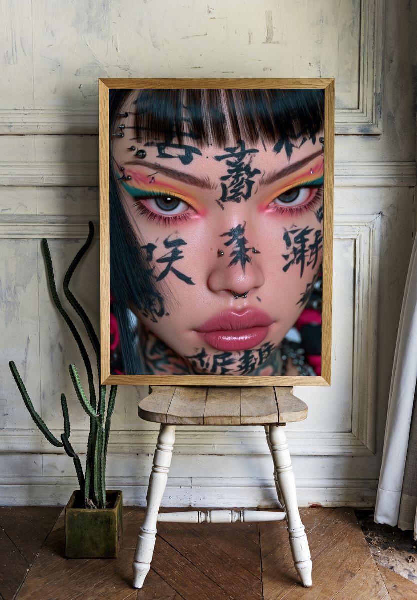 Cyberpunk Face Tattoo Portrait Print. — room view 1