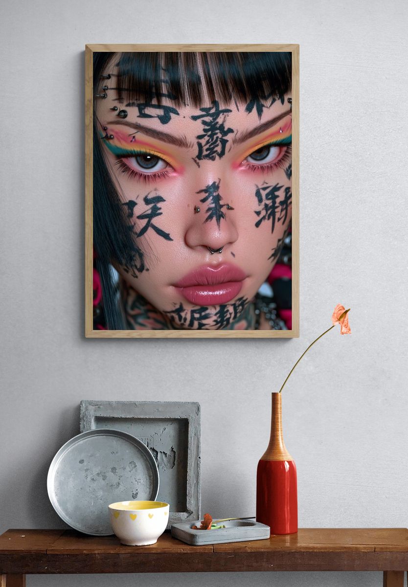 Cyberpunk Face Tattoo Portrait Print. — room view 3