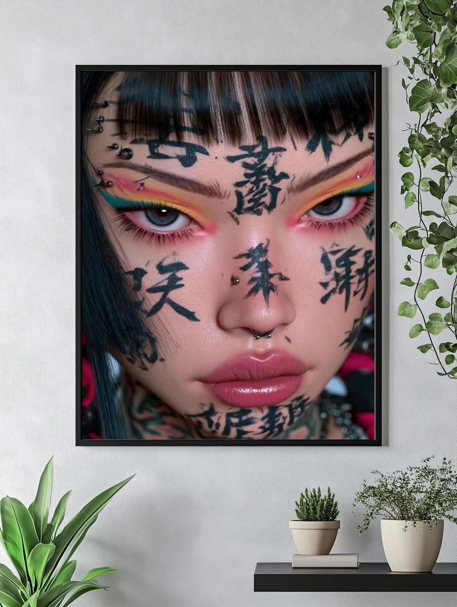 Cyberpunk Face Tattoo Portrait Print. — room view 4