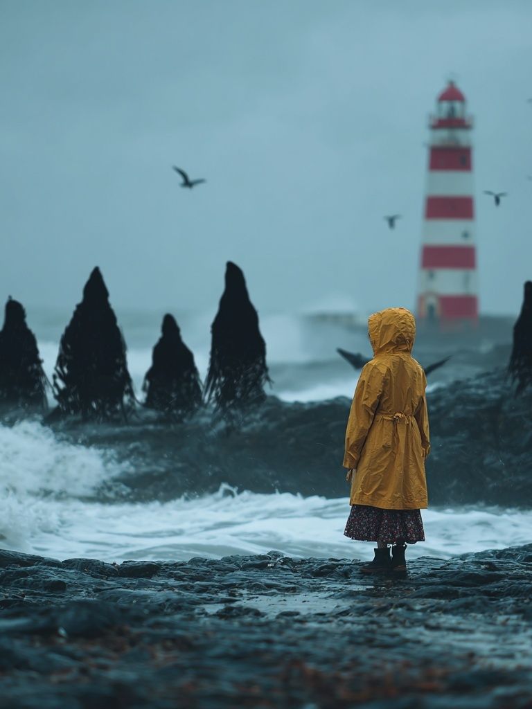 Child in Yellow Raincoat — Coastal Photography Print. poster detail
