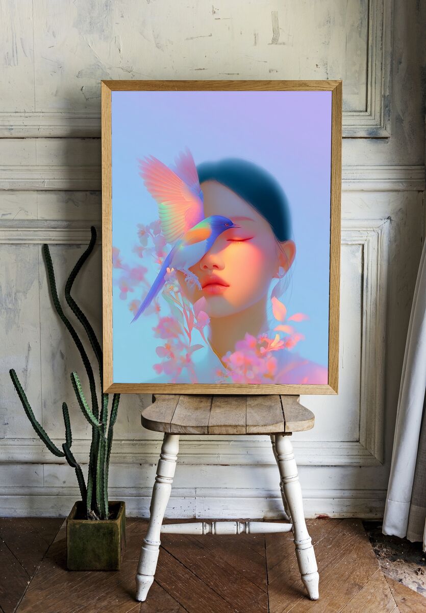 Dreamy Woman with Bird — Digital Art Print room preview