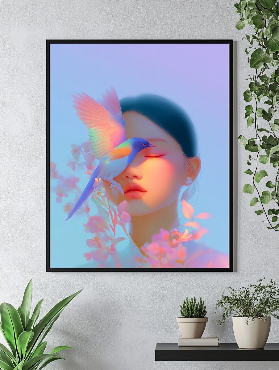Dreamy Woman with Bird — Digital Art Print. — room view 4