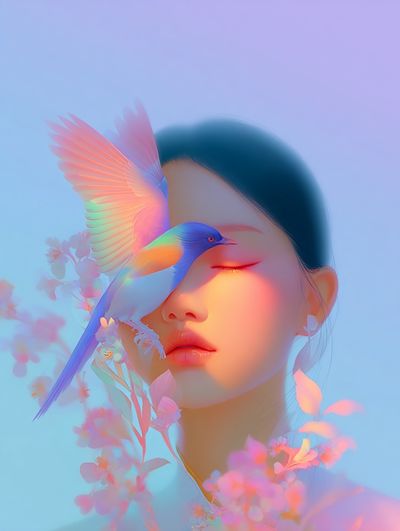 Dreamy Woman with Bird — Digital Art Print. poster