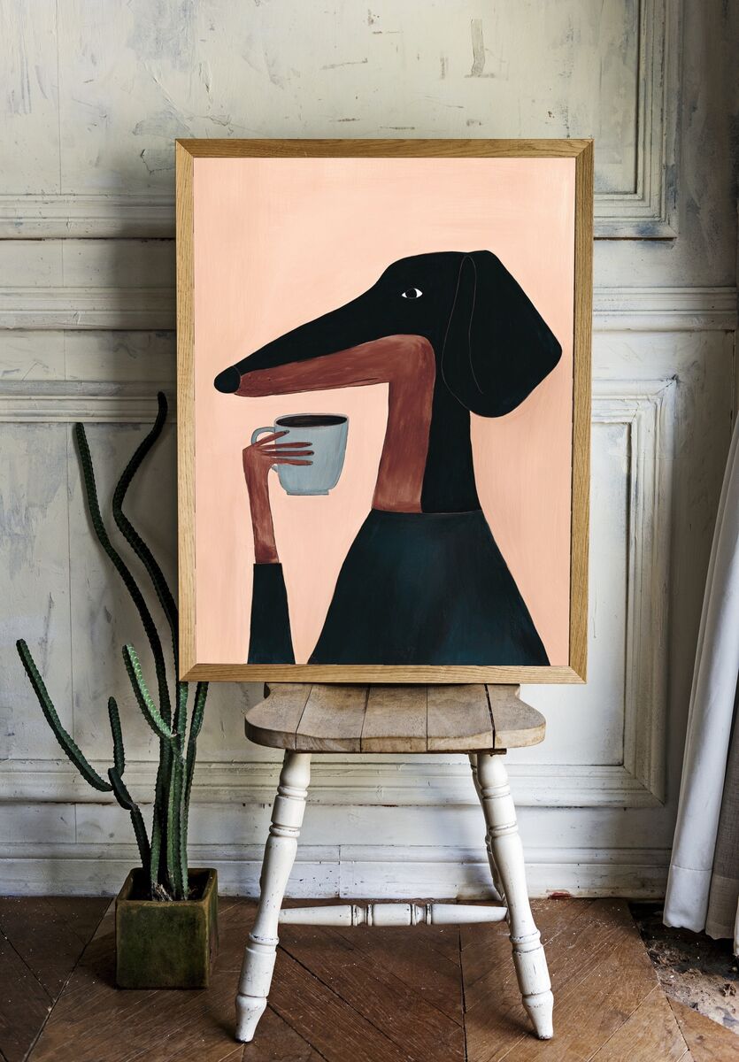 Dachshund with Coffee — Illustration Print room preview