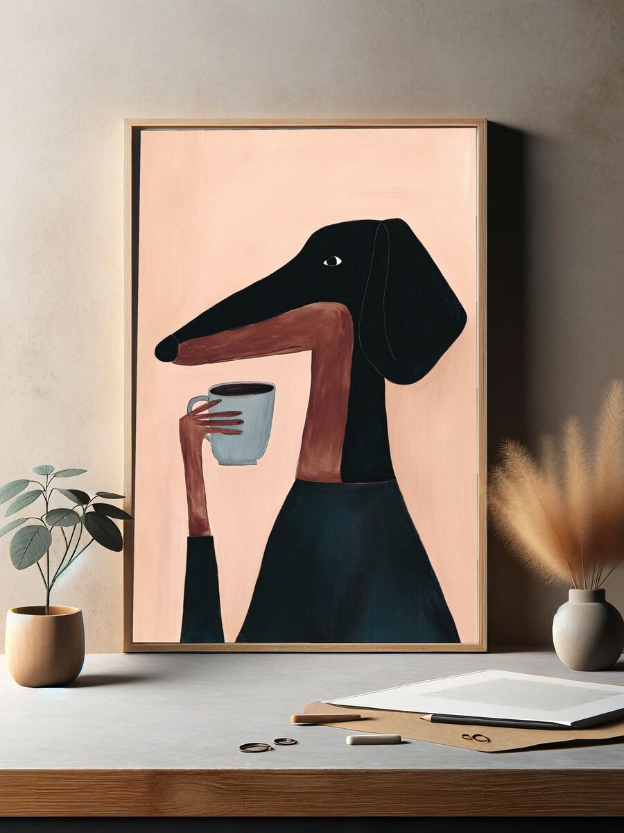 Dachshund with Coffee — Illustration Print. — room view 2