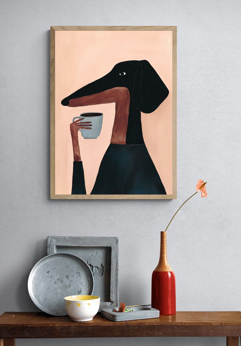 Dachshund with Coffee — Illustration Print. — room view 3