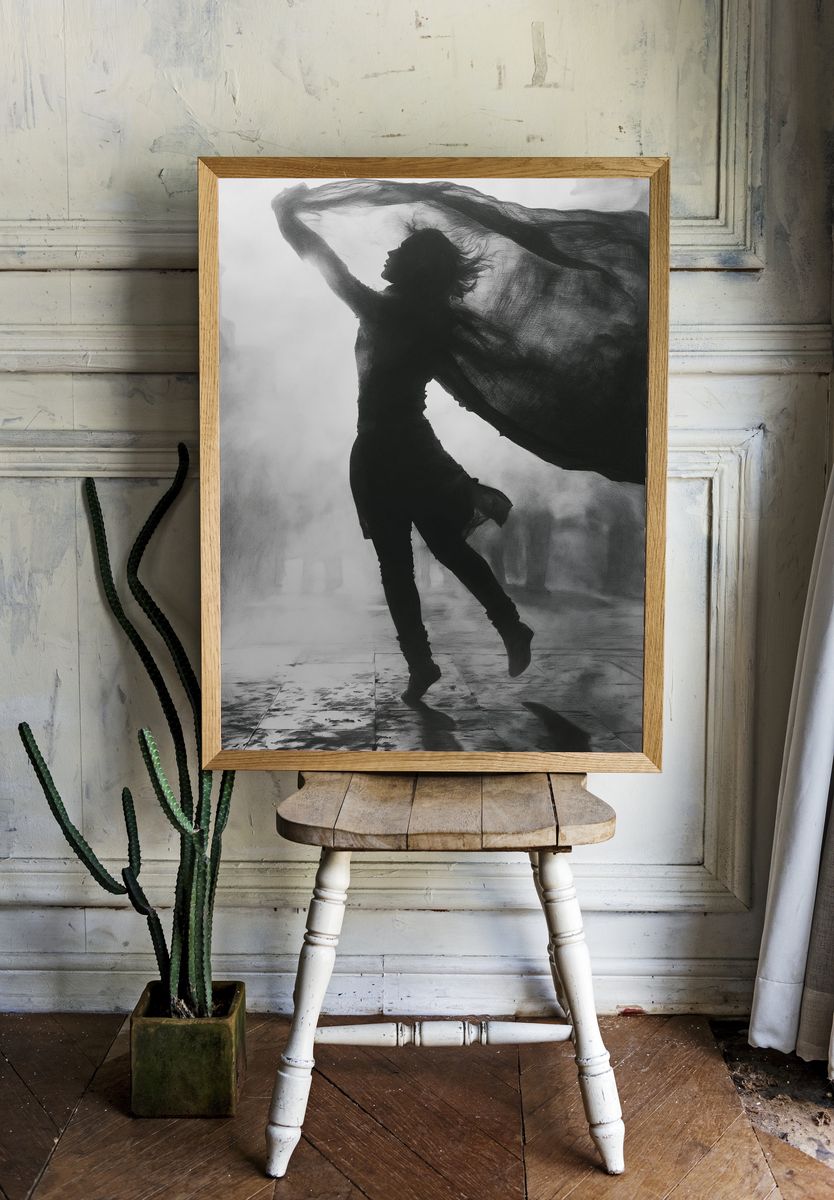 Dancing Silhouette Black-White Poster. room preview