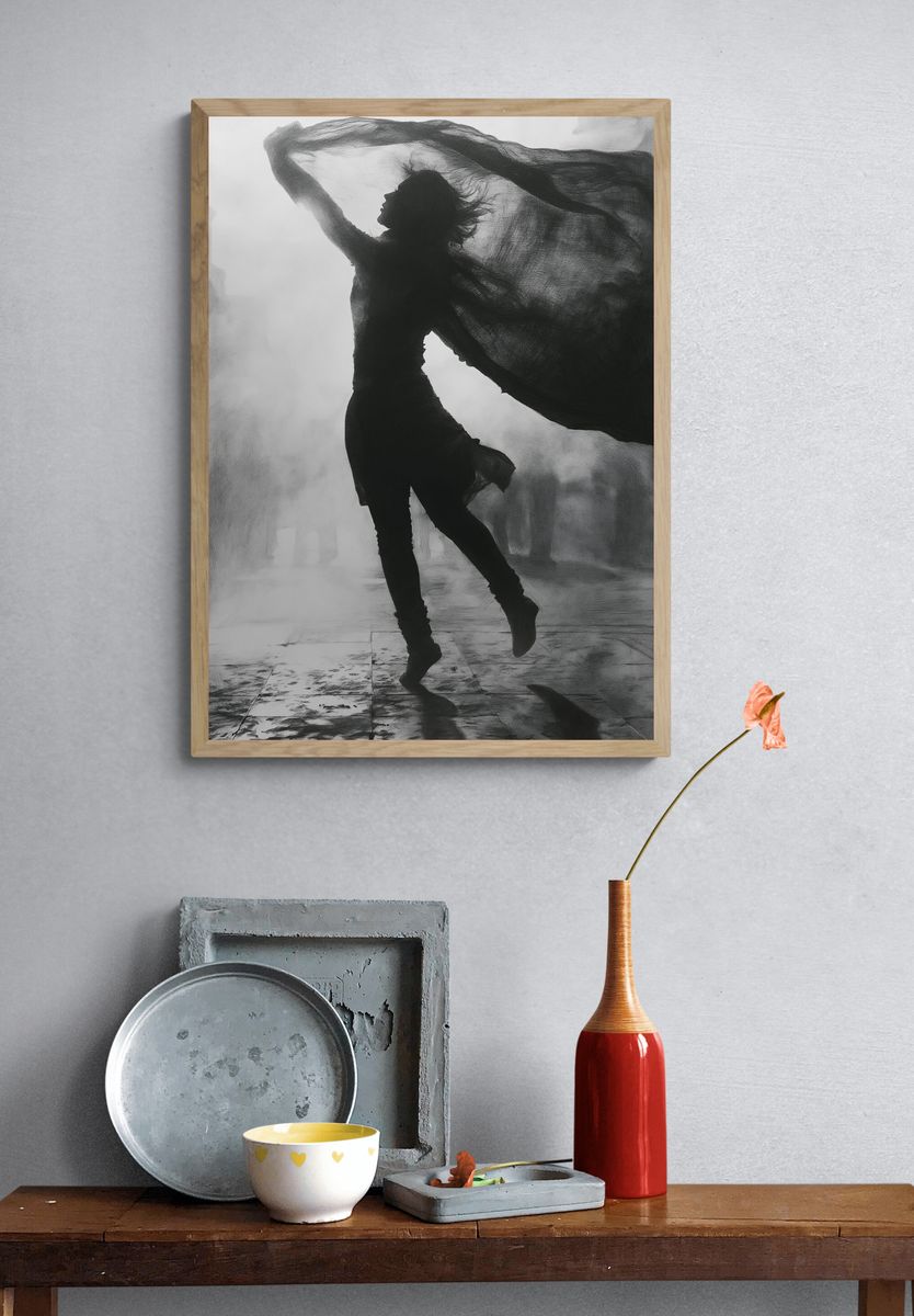 Dancing Silhouette Black-White Poster. — room view 3