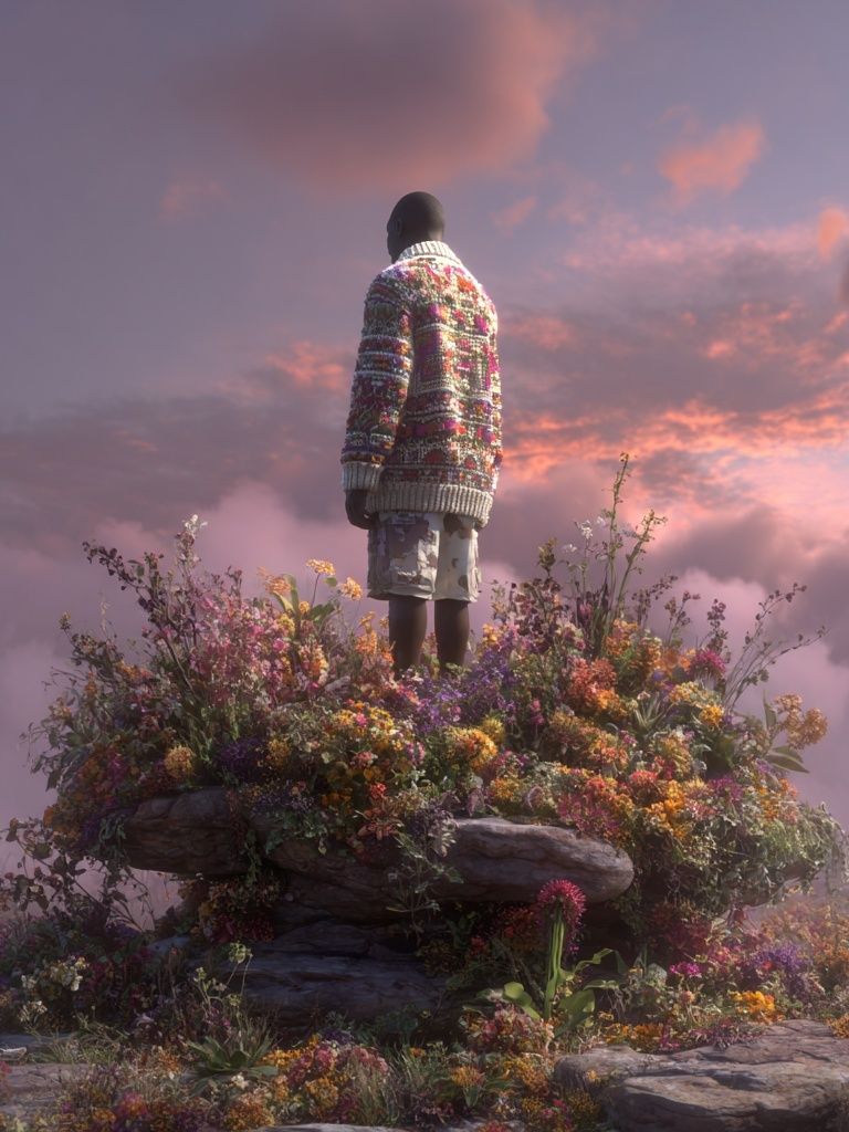 Man in Sweater Among Flowers — Digital Art Print. poster — illustration art