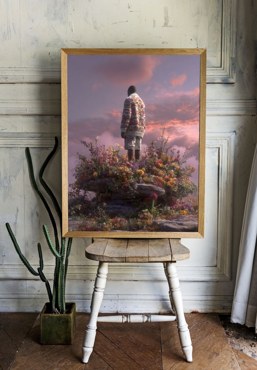 Man in Sweater Among Flowers — Digital Art Print room preview
