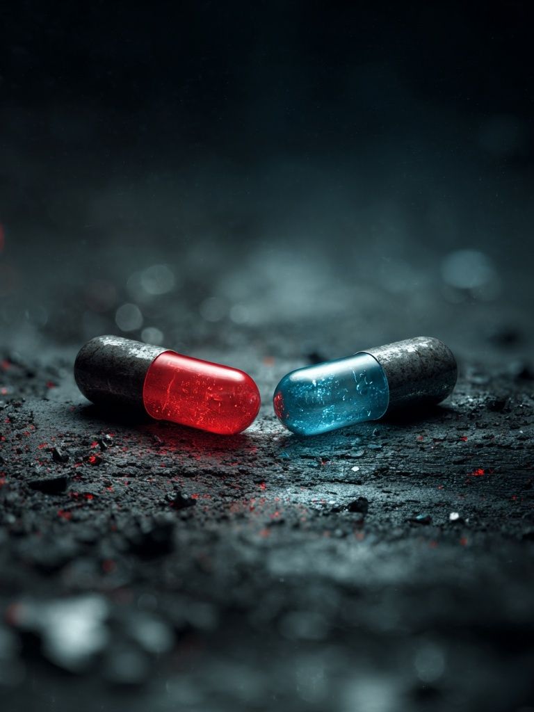 Red and Blue Capsules — Digital Art Print. poster — illustration art