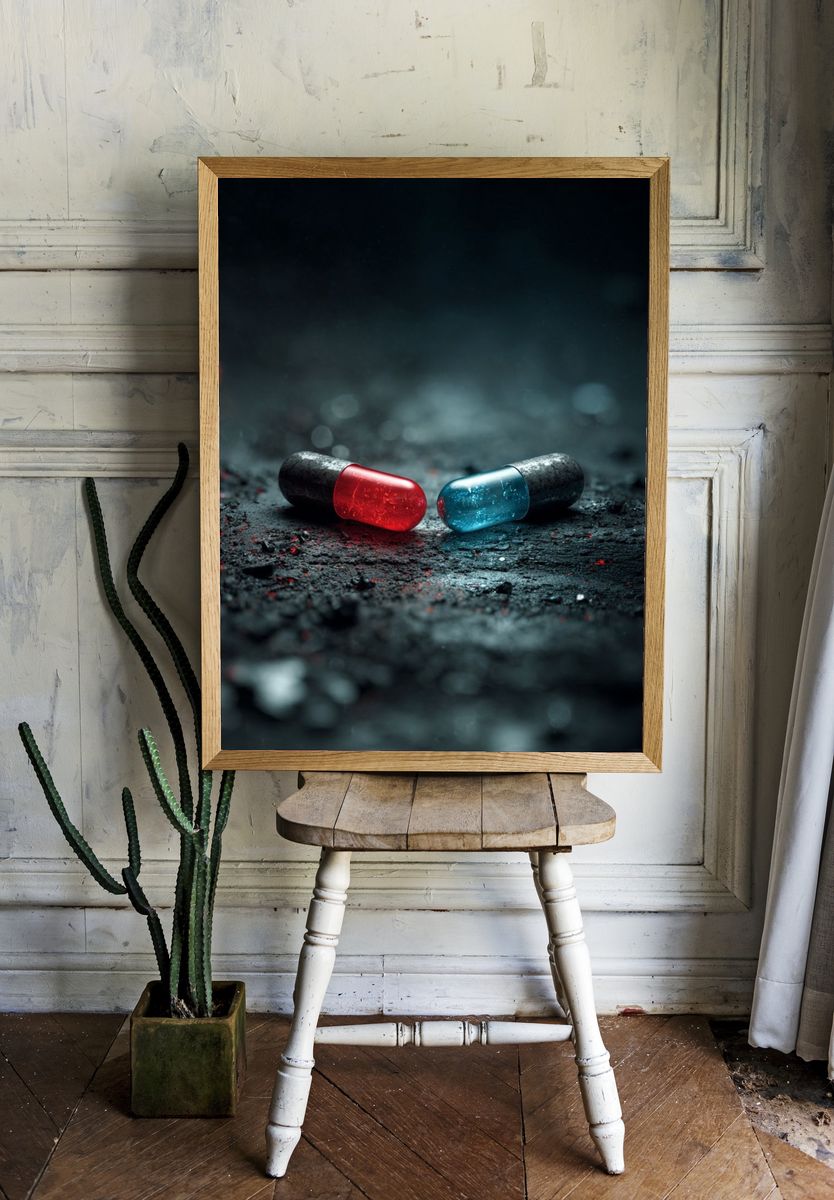 Red and Blue Capsules — Digital Art Print room preview
