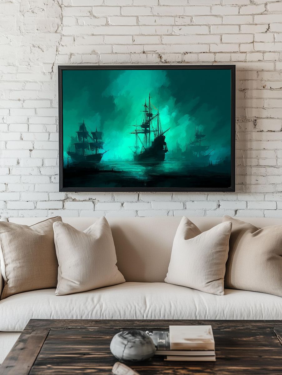 Mysterious Ships at Sea — Digital Art Print. room preview