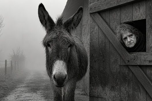 Donkey and Woman in Fog Poster. poster — photography art