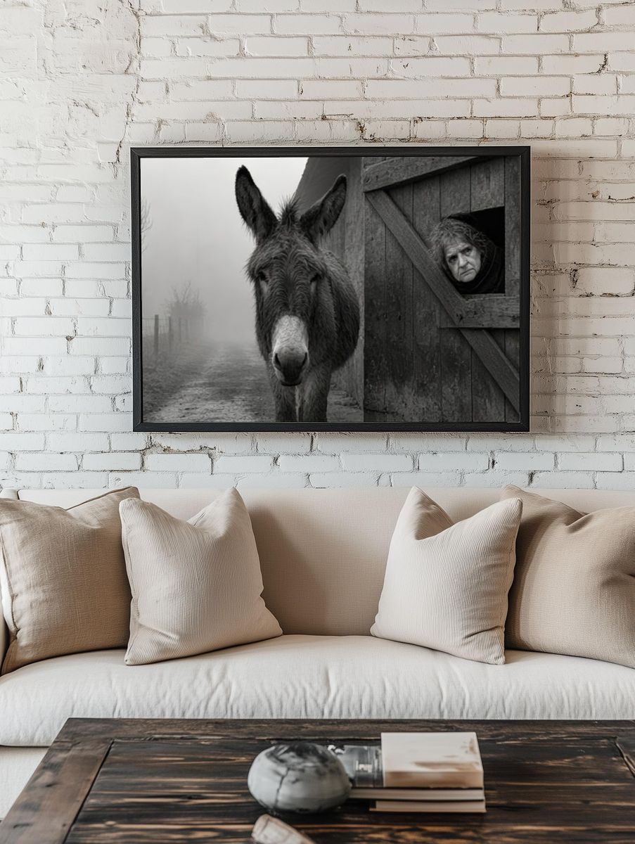 Donkey and Woman in Fog Poster. room preview