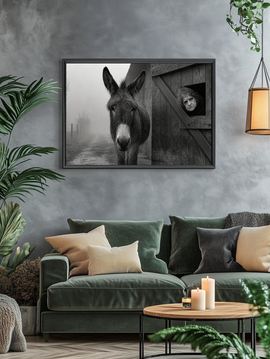 Donkey and Woman in Fog Poster. — room view 4