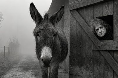 Donkey and Woman in Fog Poster. poster