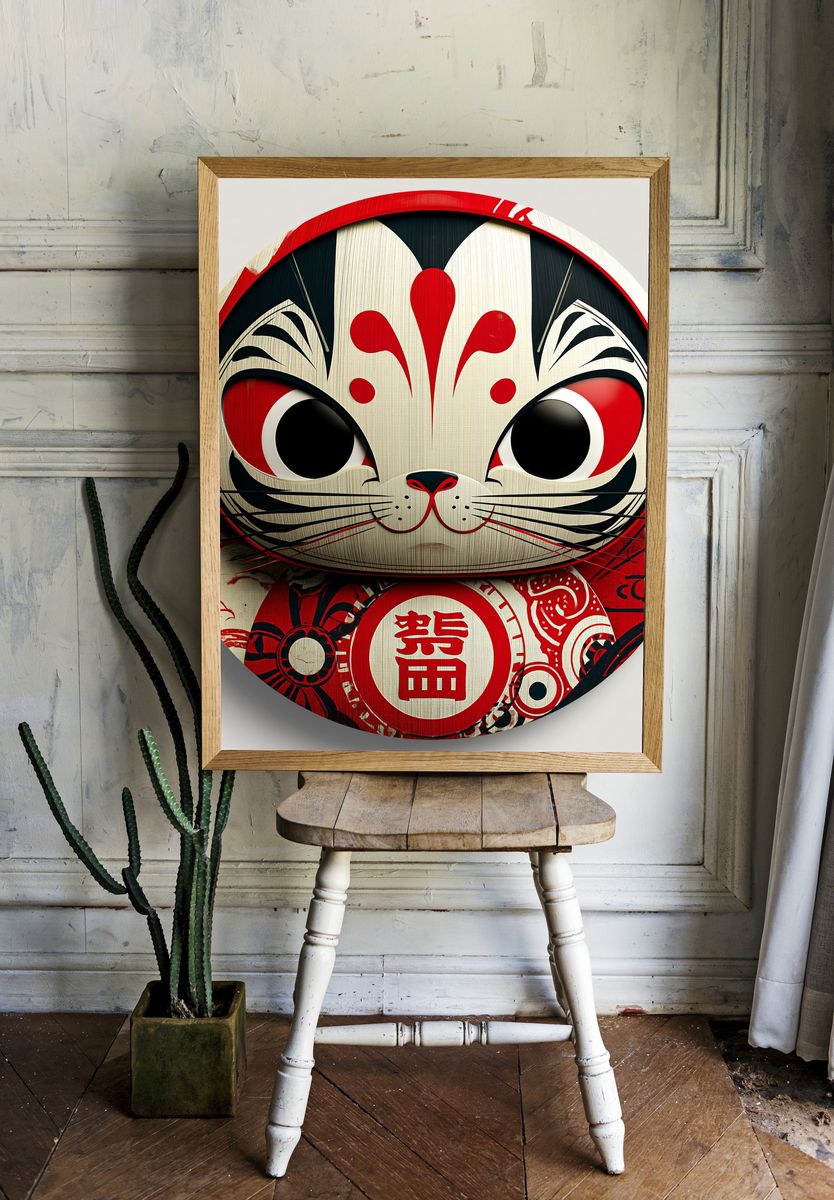 Daruma Cat Illustration Poster. — room view 1