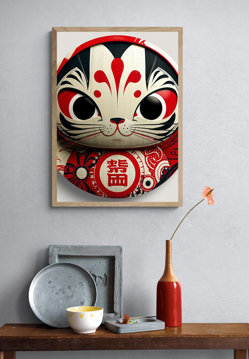 Daruma Cat Illustration Poster. — room view 3