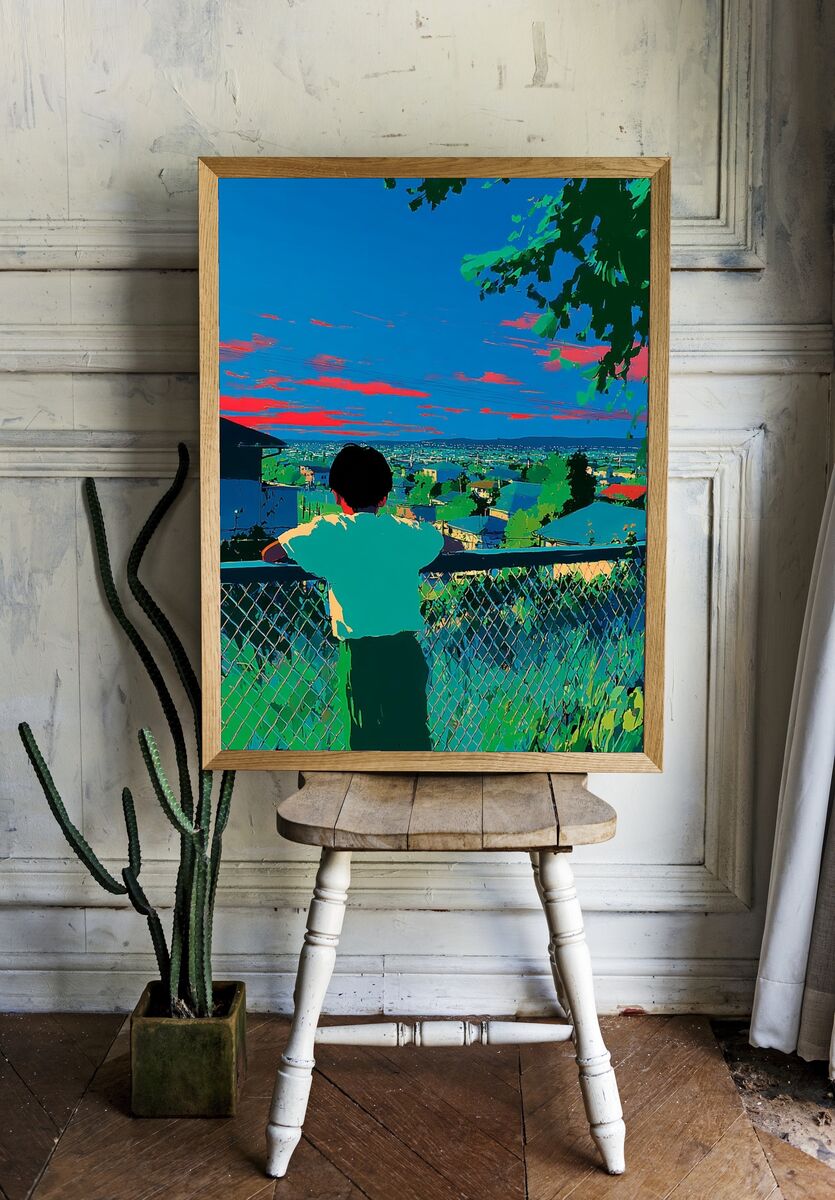 Child Overlooking Cityscape — Digital Art Print. room preview
