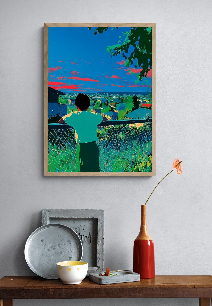 Child Overlooking Cityscape — Digital Art Print. — room view 3