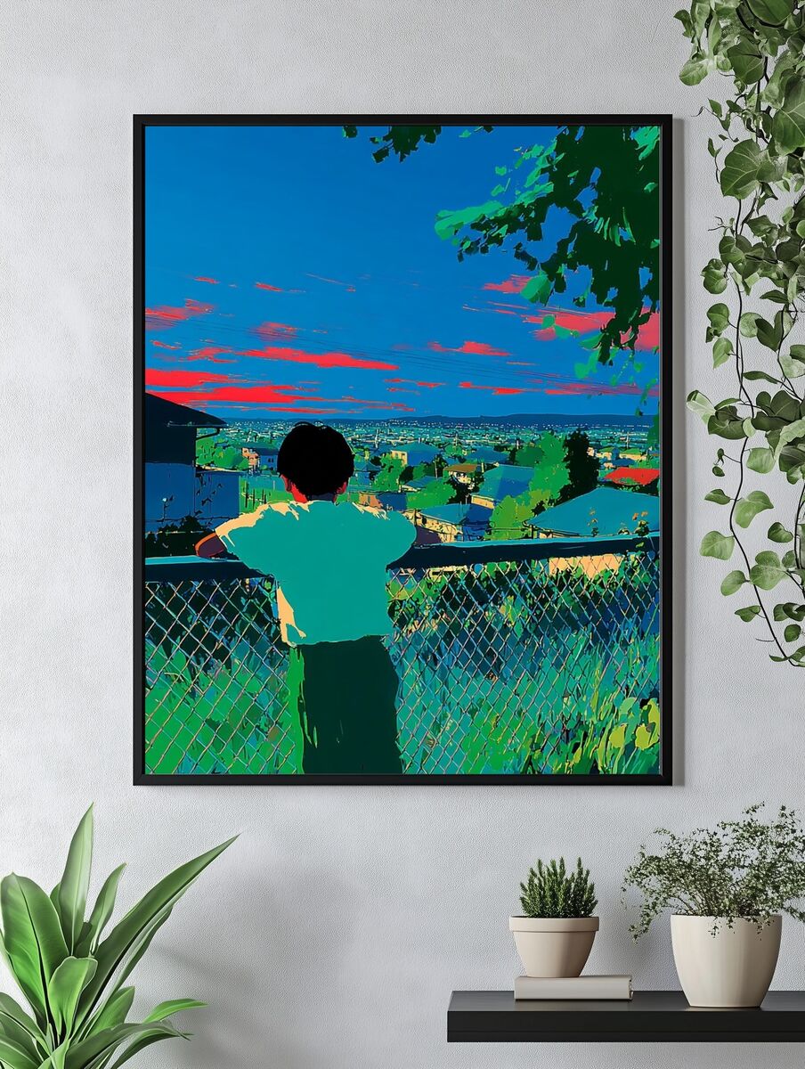 Child Overlooking Cityscape — Digital Art Print. — room view 4
