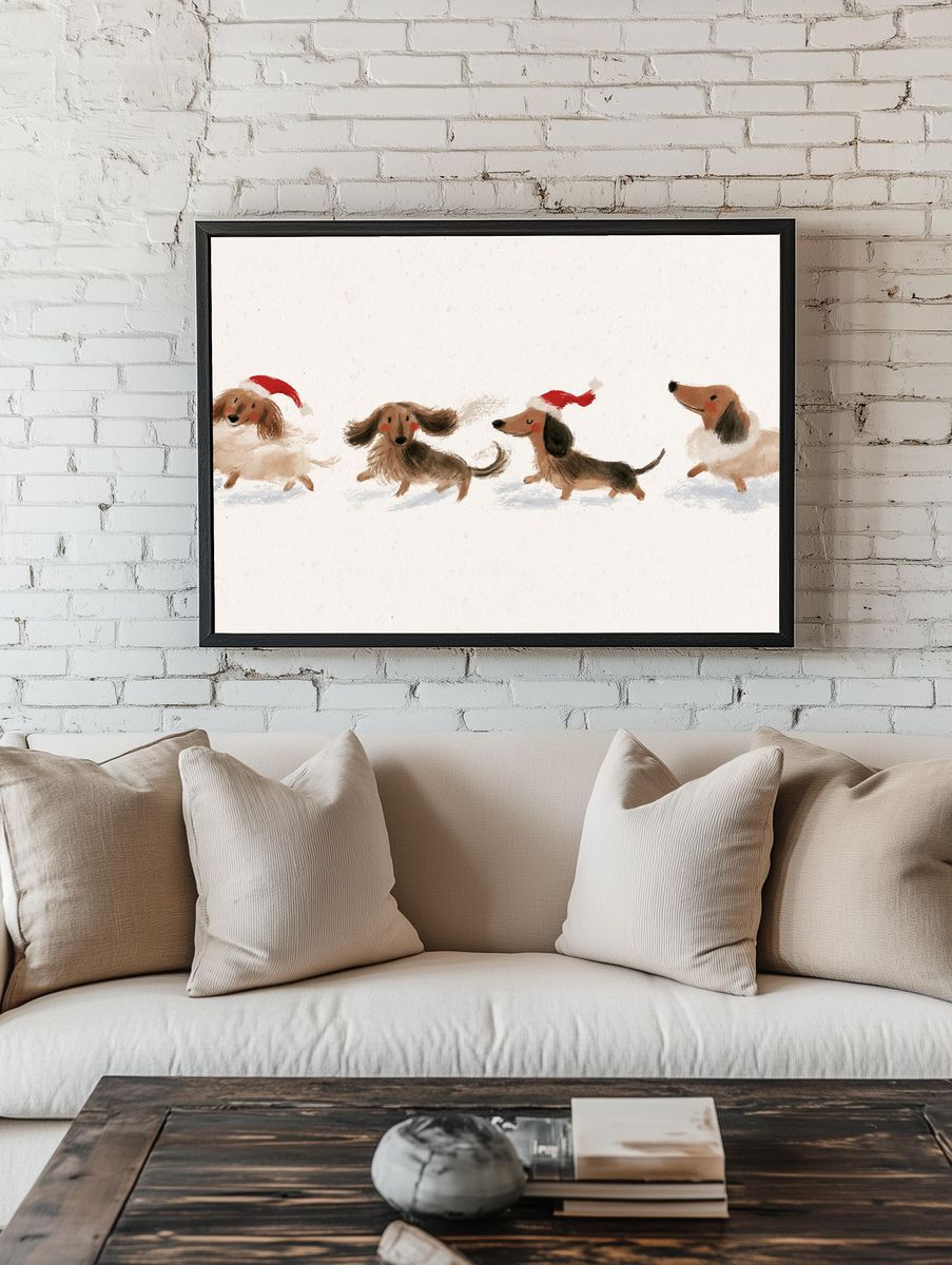 Christmas Dachshunds Watercolor Poster. room preview