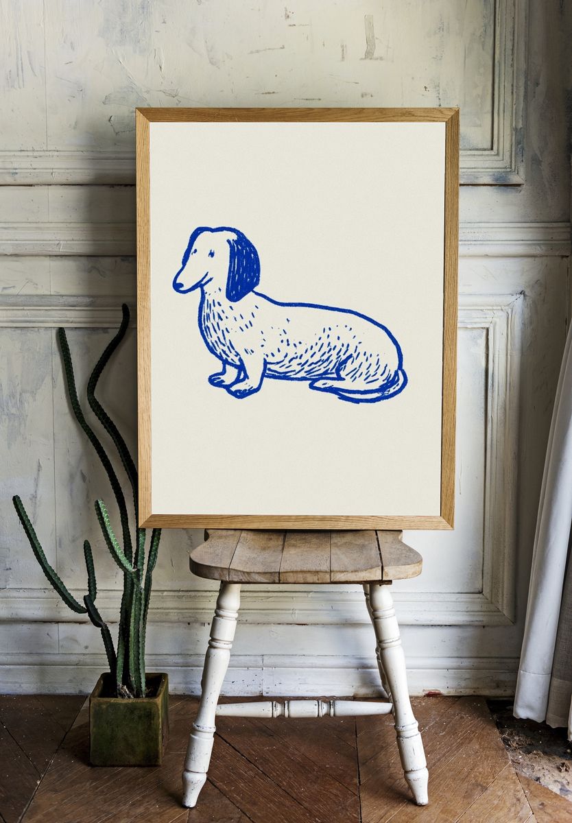 Blue Dachshund Line Art Poster. — room view 1