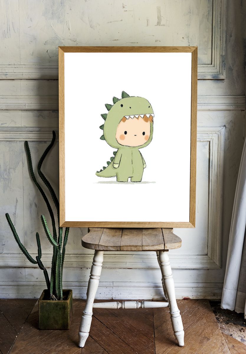 Cute Dinosaur Costume Kid — Illustration Print. room preview