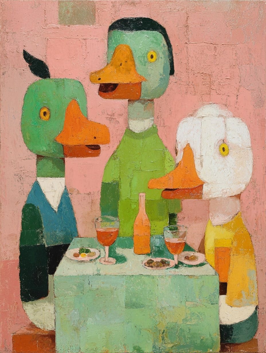 Whimsical Ducks Dining — Illustration Print. poster detail