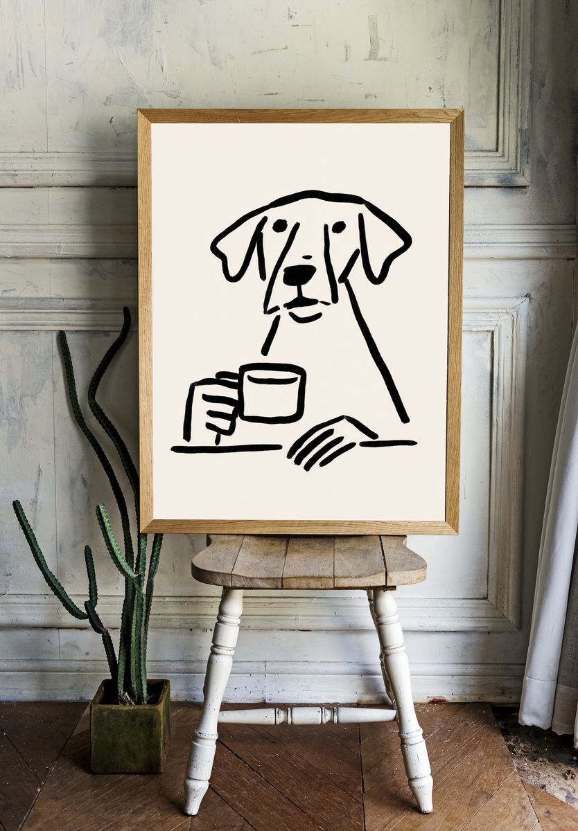 Dog with Coffee Line Art Poster. — room view 1