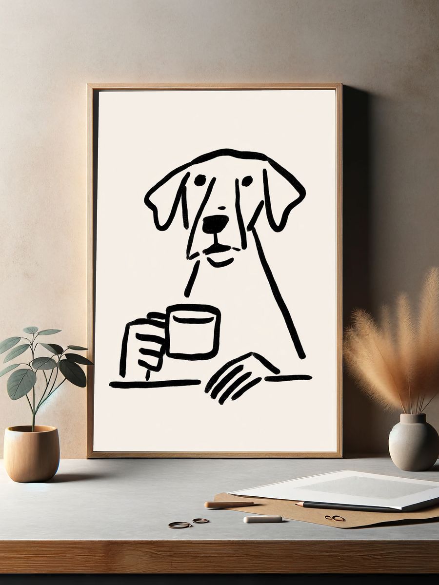 Dog with Coffee Line Art Poster. — room view 2