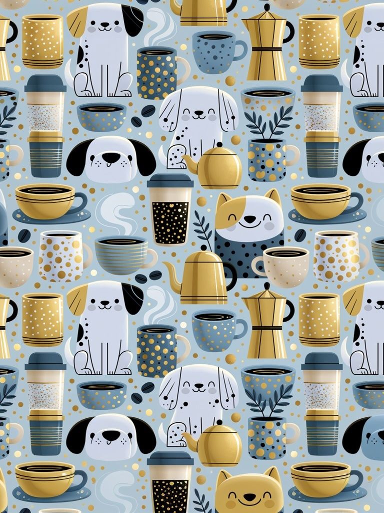 Playful Dogs and Coffee Pattern Poster. poster detail