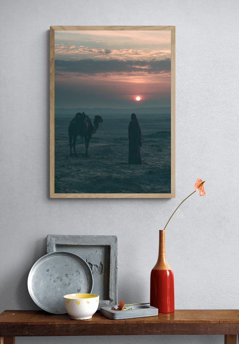 Desert Camel at Sunset Photography Poster. — room view 3