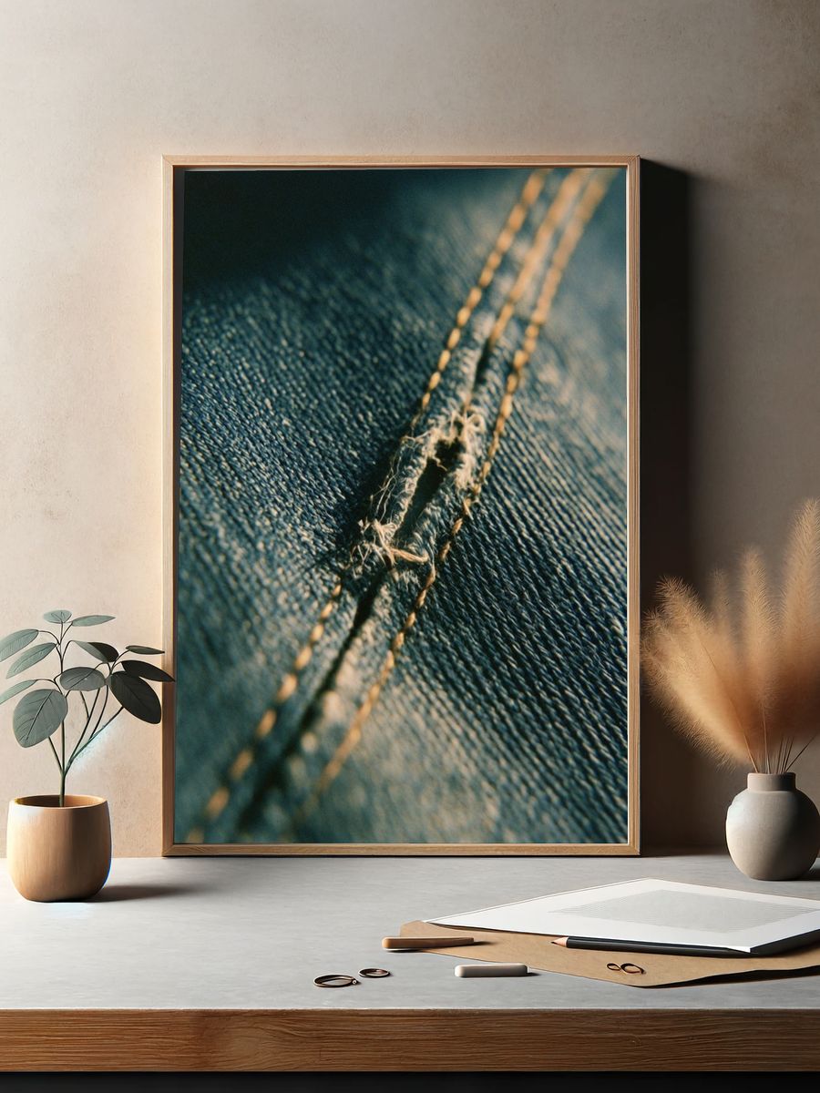 Denim Stitch Macro Photography Poster. — room view 2